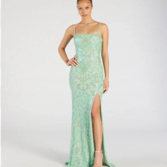Windsor Celina Sequin Lace-Up High Slit Mermaid Dress Gown, Green, NWT, Large - Picture 1 of 14